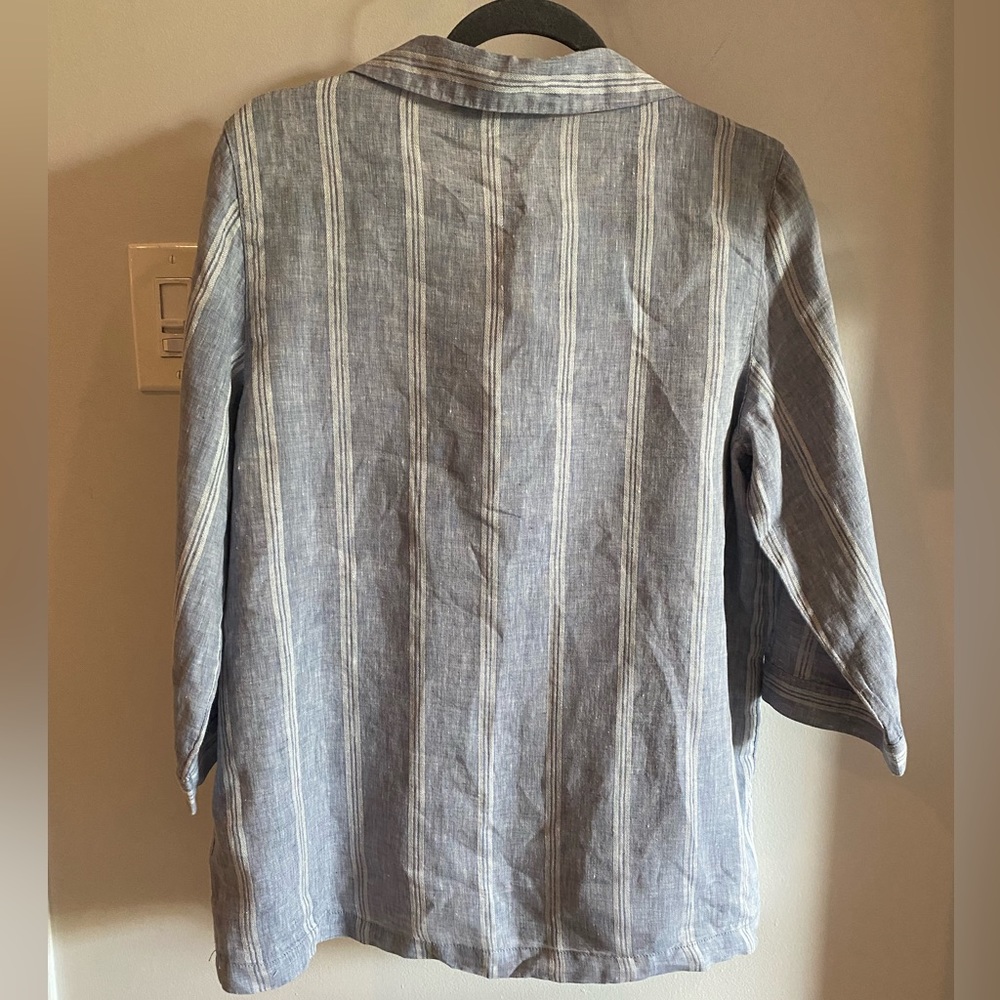 100% Linen Tahari Light Blue & White Striped Tunic Style Blouse Size Medium - Picture 5 of 6